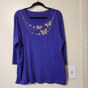 Purple Embellished Butterfly 3/4 Sleeve T-shirt  Tunic Whimsey Pearl Cottagecore